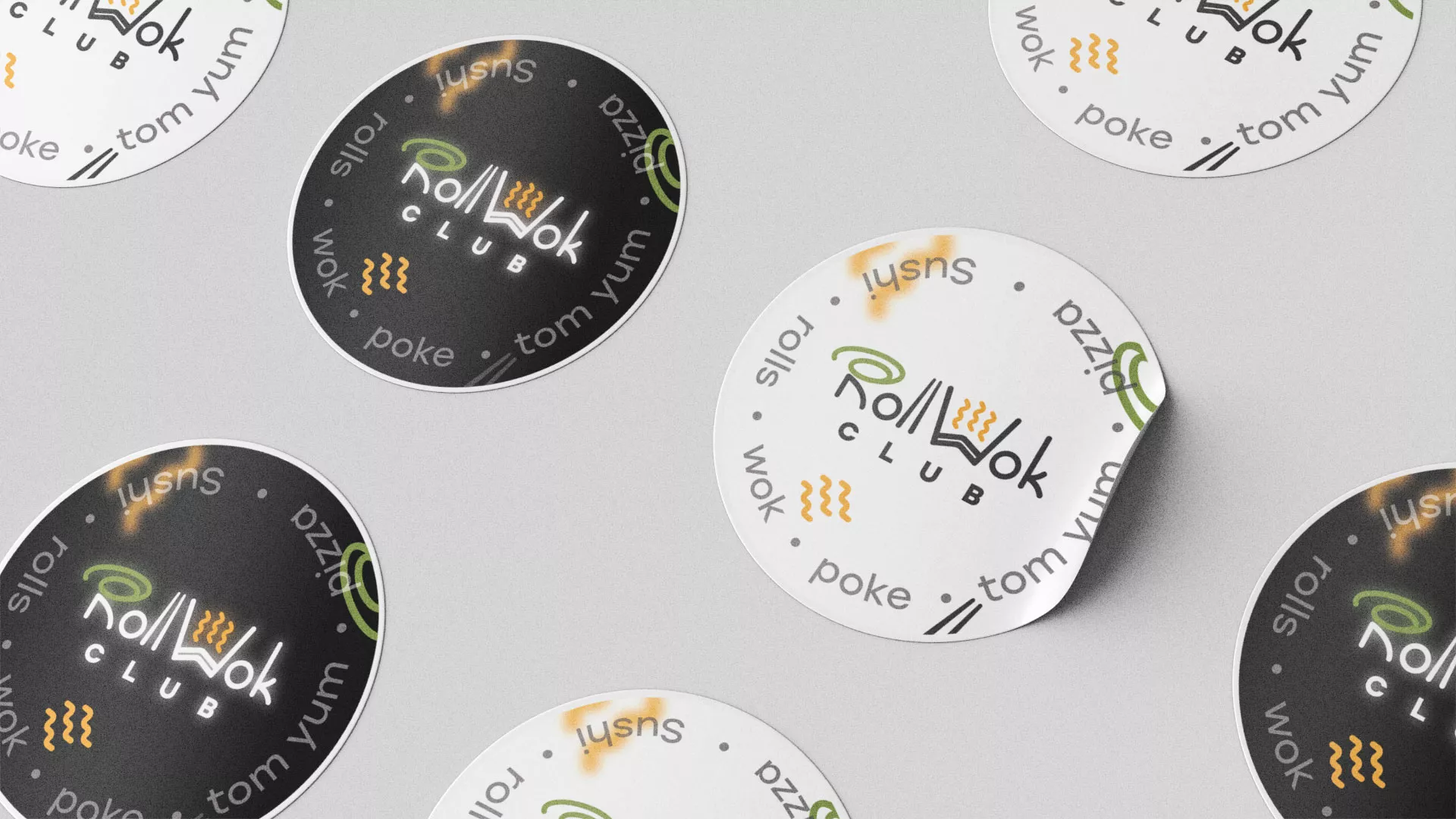 Разработка наклеек для суши-бара «Roll Wok Club» в Воскресенске